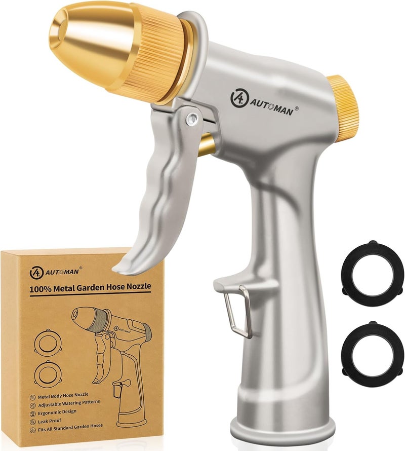 AUTOMAN Garden Hose Nozzle Sprayer - High Pressure 100% Metal Water Spray Nozzle With 4 Patterns - Heavy Duty for Watering Plants, Lawns, Washing Cars & Pets - Image 1